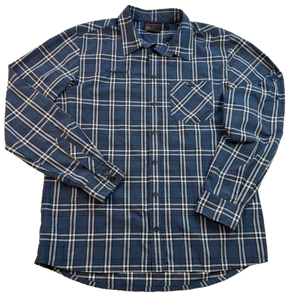 Mammut Men's Plaid Long Sleeve Hiking Shirt Blue Size L Roll Tab Sleeve Outdoor